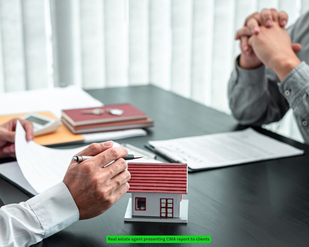 Realtor explaining comparative market analysis to homeowners