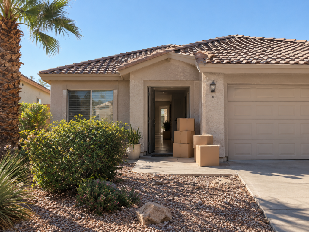 Single-story Las Vegas home with a desert-landscaped yard and moving boxes stacked by the open front door