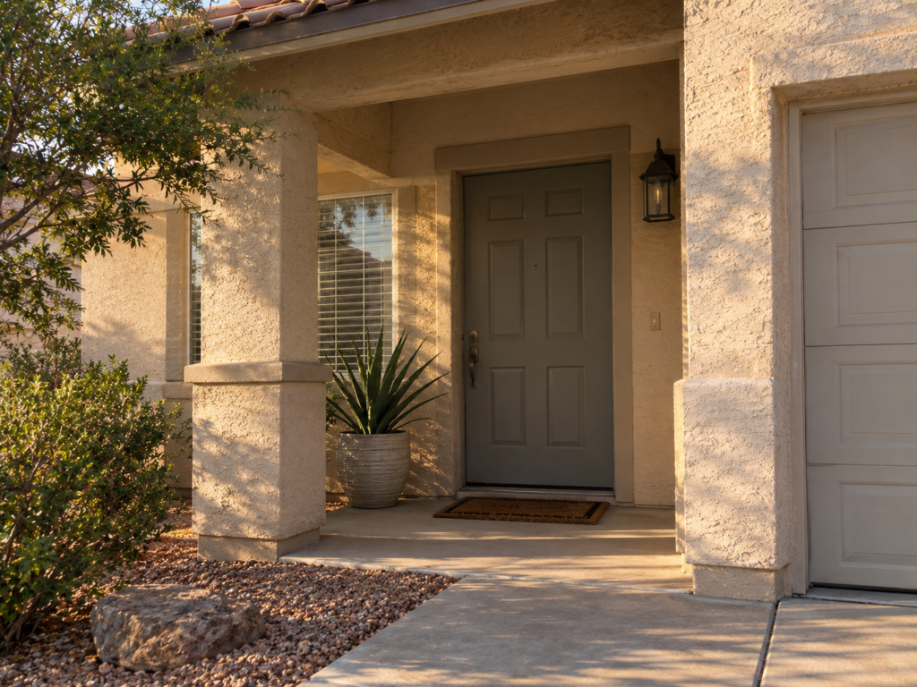 Sunlit front entry of a single-story Las Vegas home with a gray door, doormat, and potted desert plant