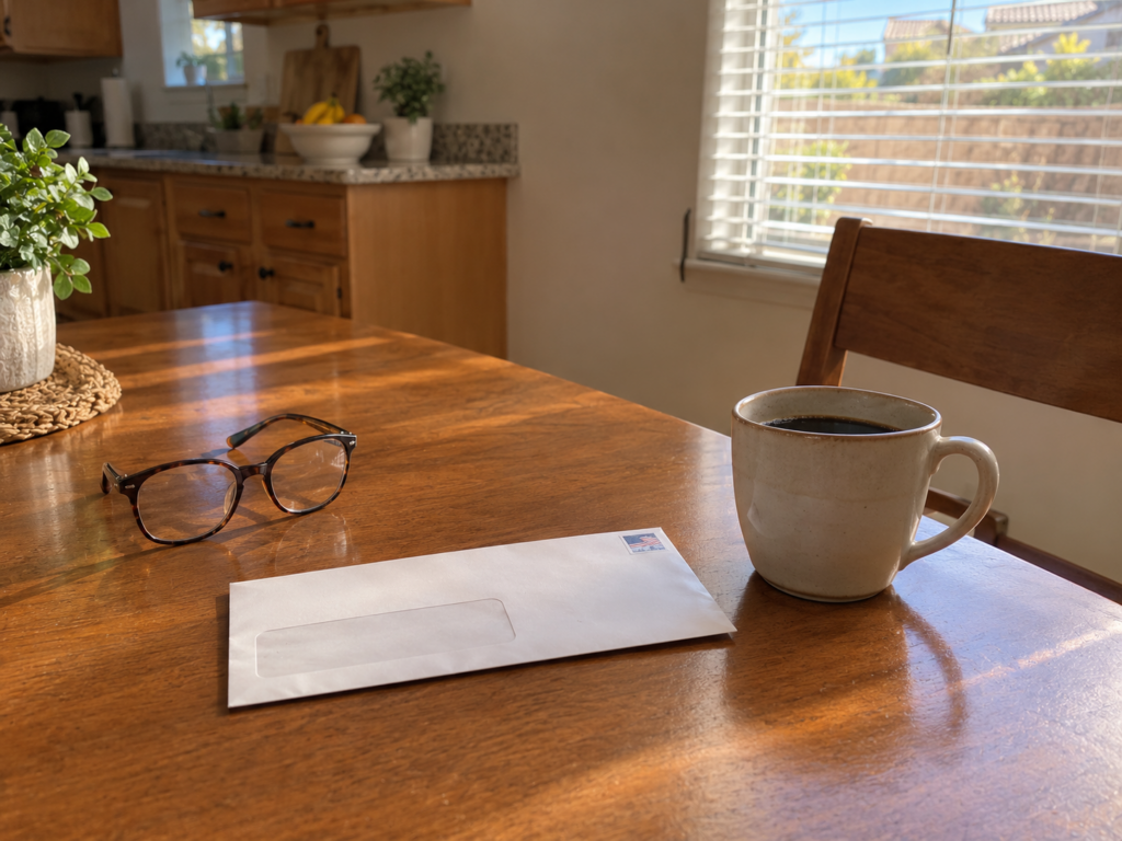 Kitchen table in a Las Vegas home with an unopened envelope, reading glasses, and a cup of coffee in morning light