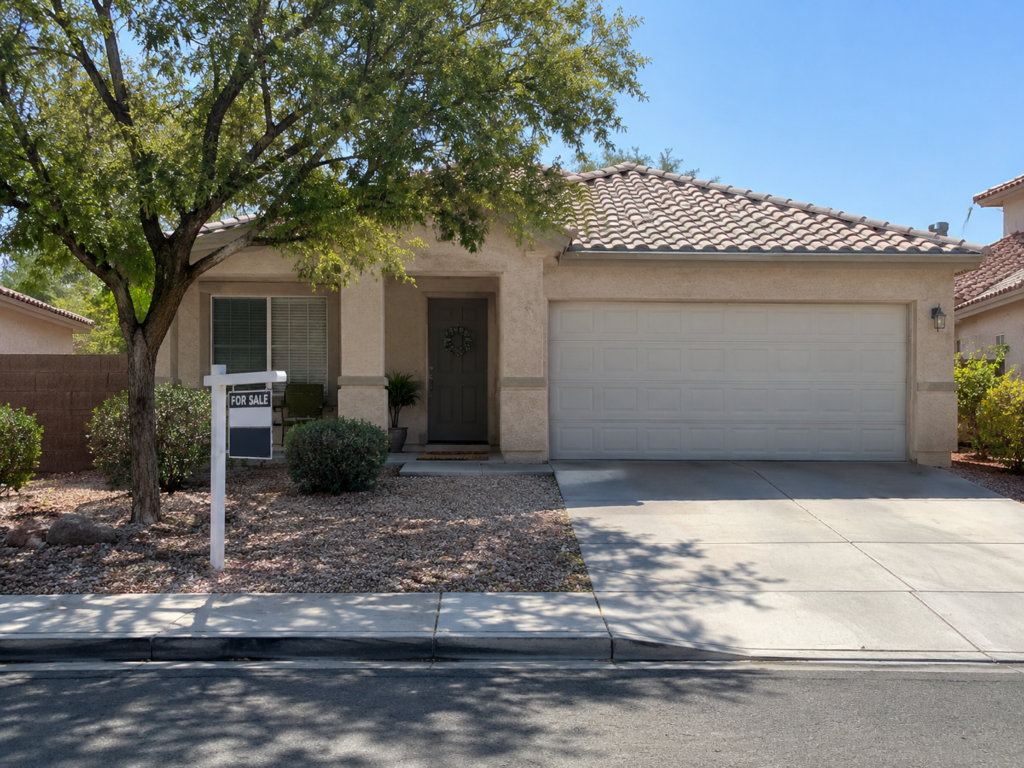 Single-story stucco rental home in an established Las Vegas neighborhood with a For Sale sign by the curb