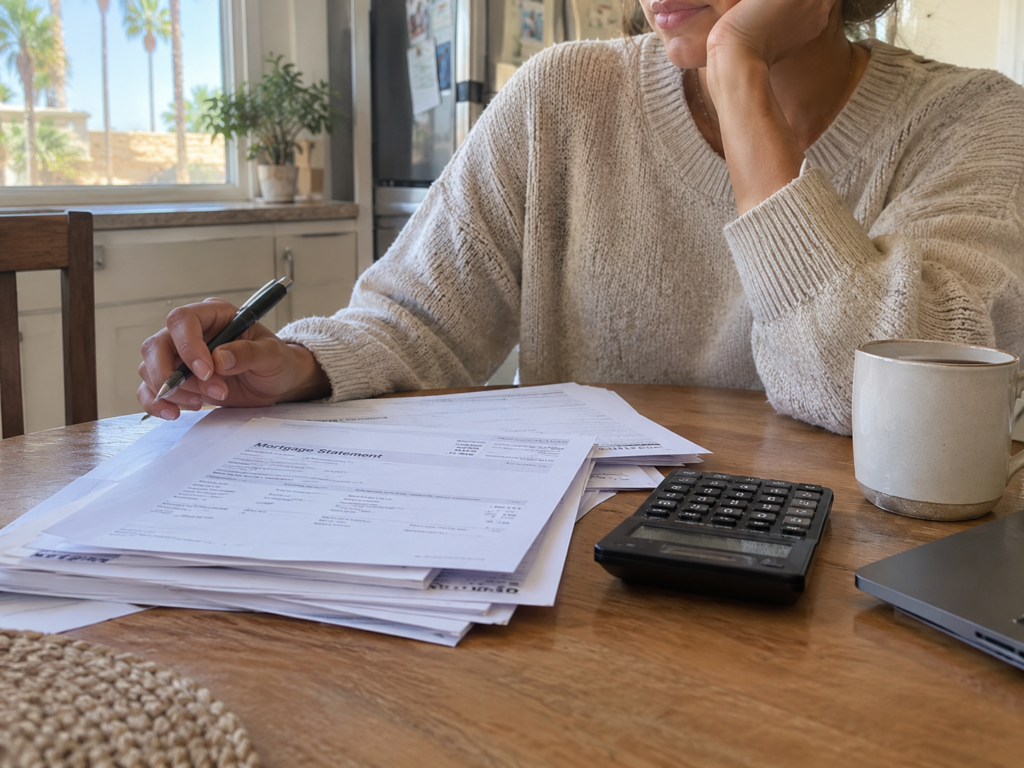 Las Vegas homeowner at a kitchen table reviewing a mortgage statement with a calculator and coffee mug nearby