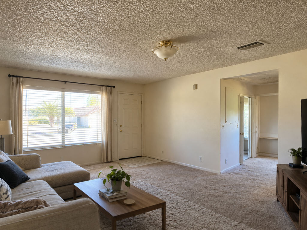 Living room in an older Las Vegas single-story home with a textured popcorn ceiling and dated light fixture