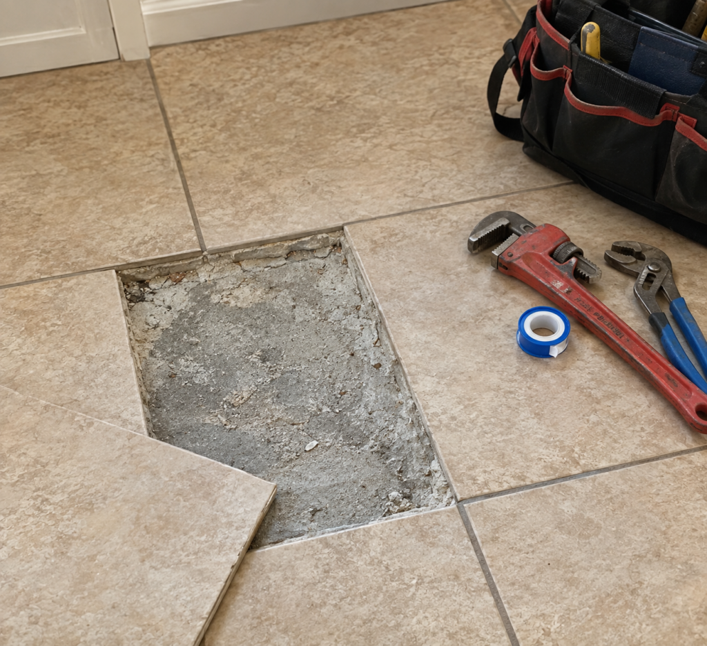 Tile floor pulled up to expose the concrete slab during a slab leak repair in a Las Vegas home