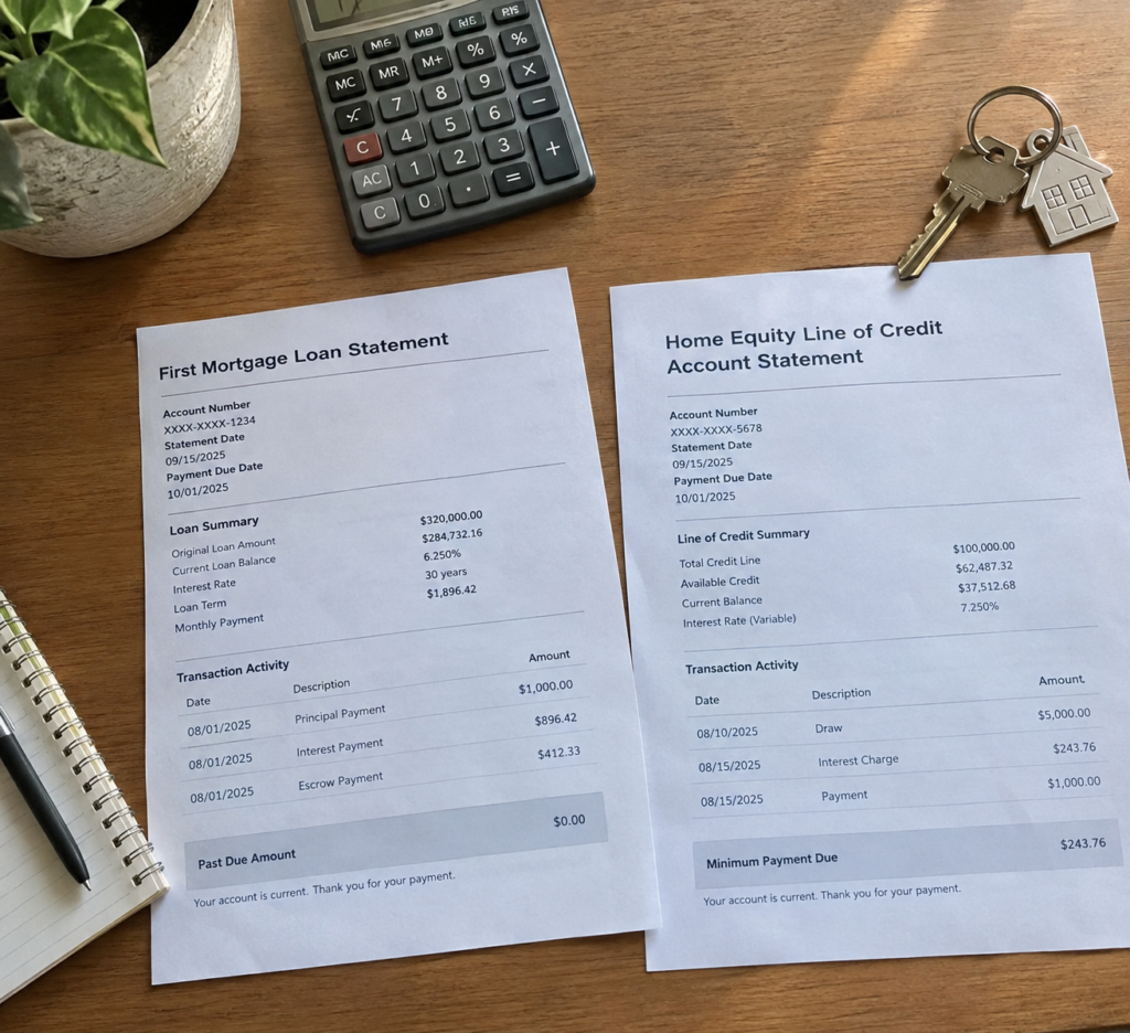 First mortgage statement and home equity line of credit statement on a desk with a calculator and house keys