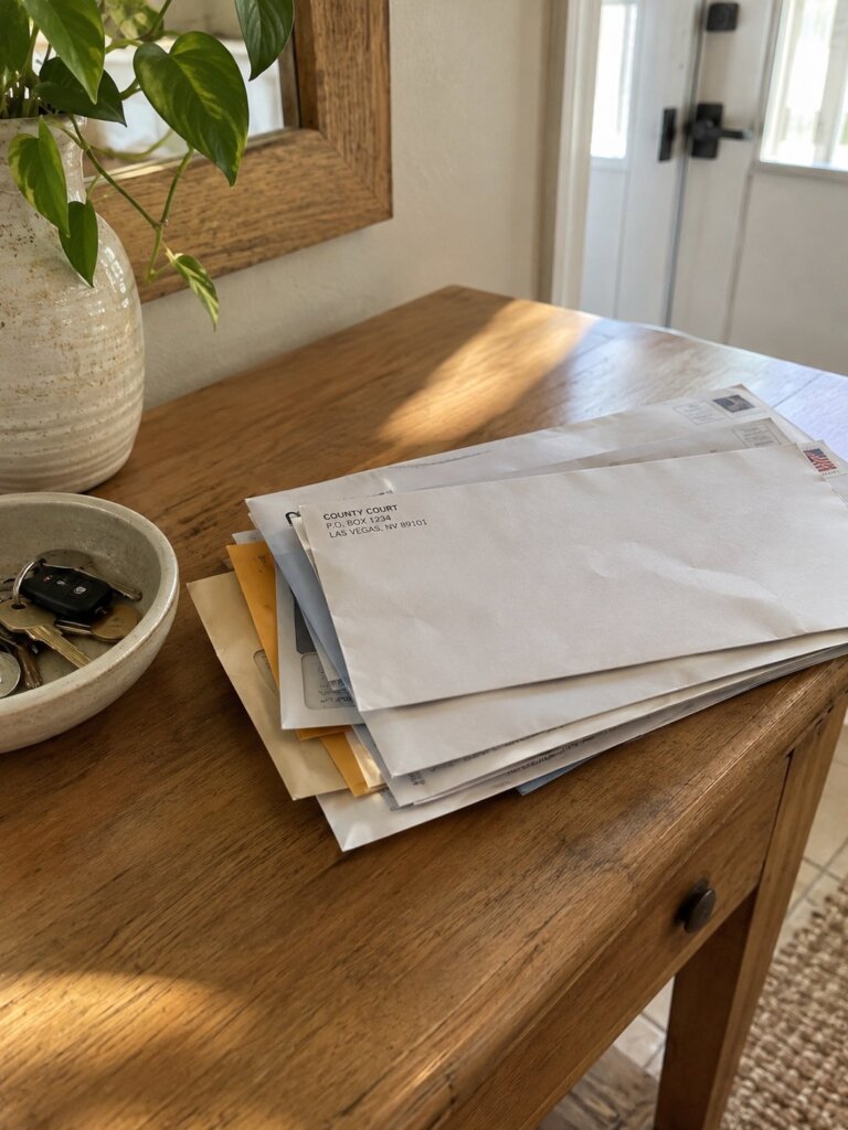 Stack of mail with a county court envelope on an entryway table in a Las Vegas home