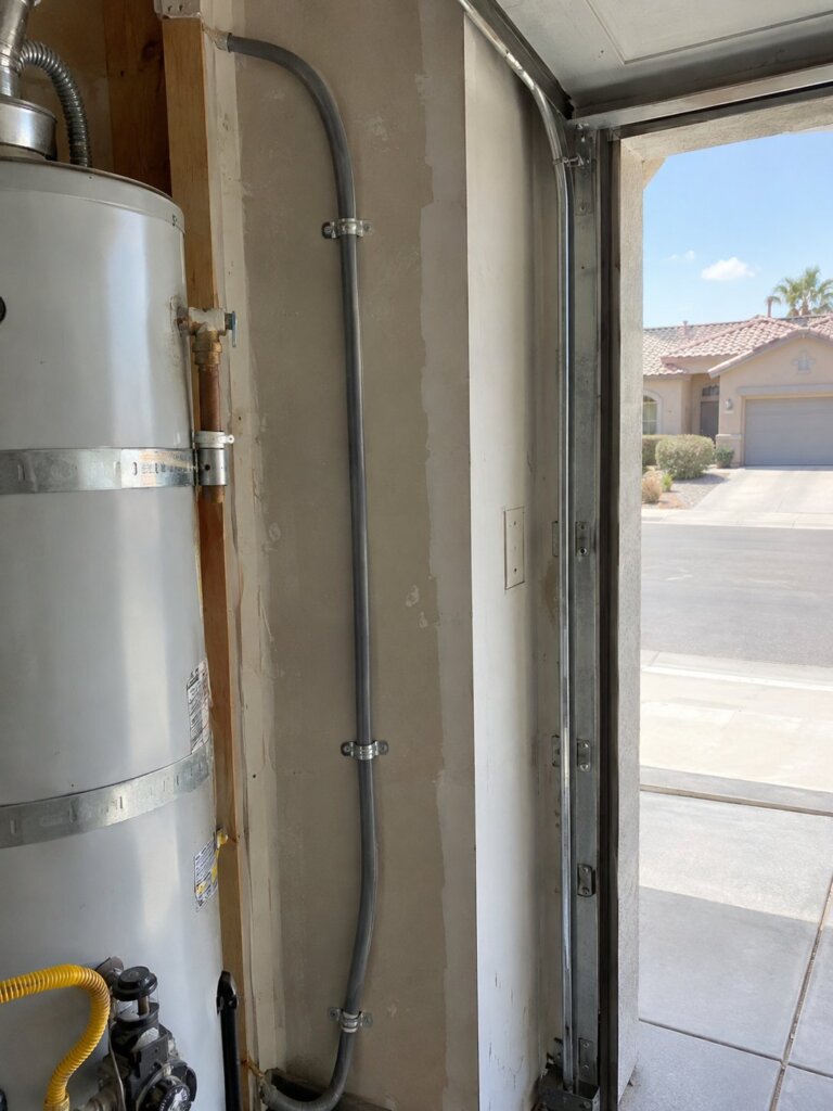 Gray polybutylene water supply pipe running along a garage wall next to a water heater in a Las Vegas home