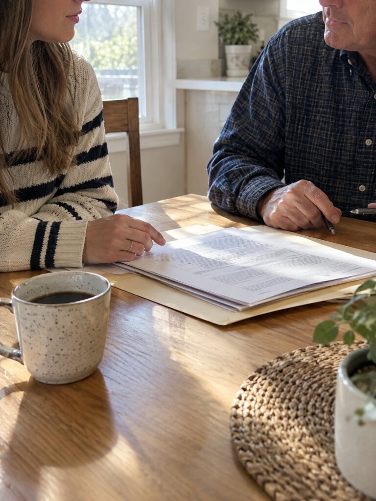 Adult daughter and her father reviewing power of attorney paperwork at a kitchen table