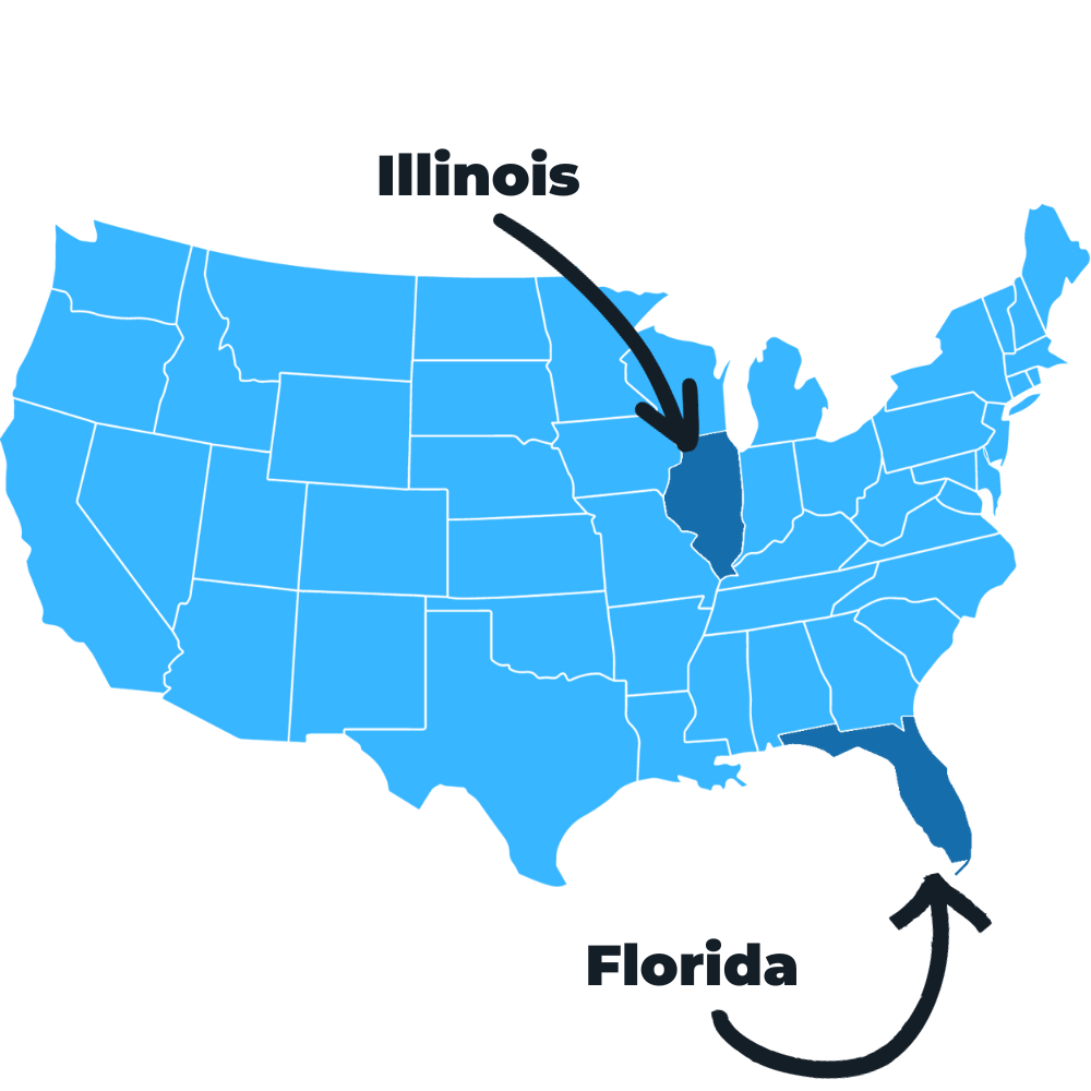 A map showing that we buy houses in Florida and Illinois.