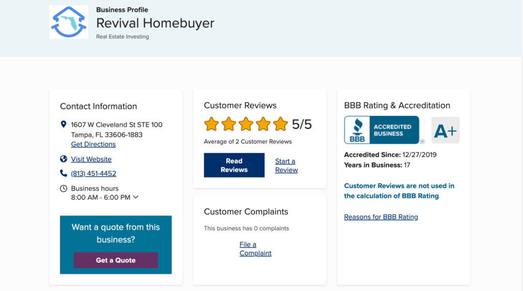 Tampa Sell My House Fast BBB Reviews