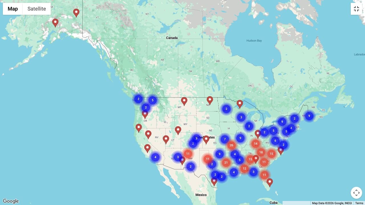 AcreTown sold-property map showing completed property sales across the United States