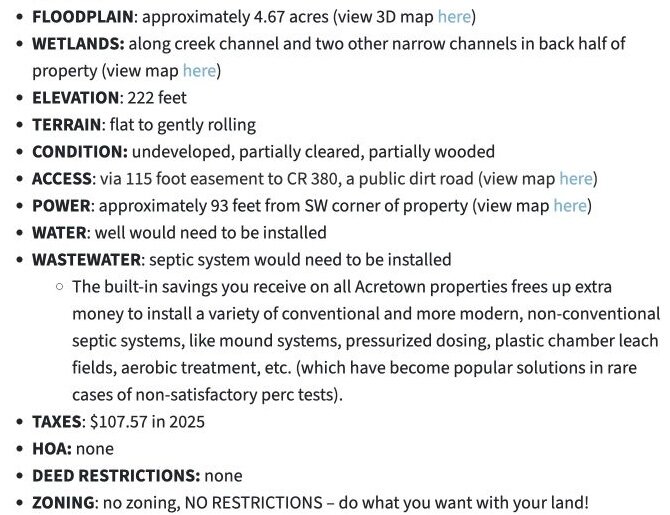 Excerpt of Carroll County property research covering floodplain, wetlands, access, utilities, taxes, and restrictions