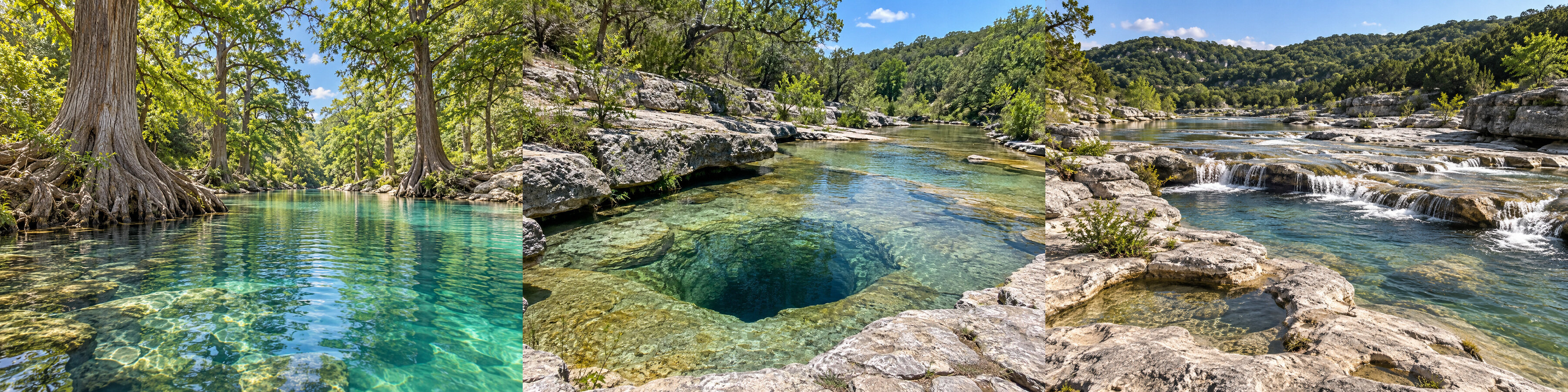 AI-generated illustrative scenes of Blue Hole Regional Park, Jacob’s Well, and Pedernales Falls