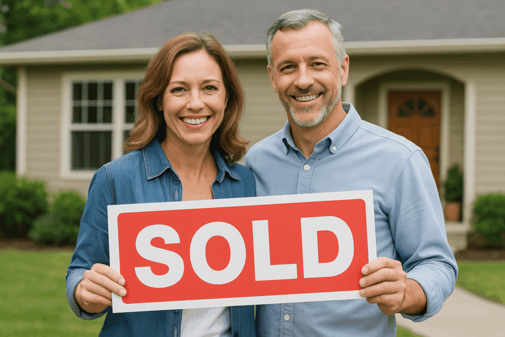 Smiling couple in front of their house holding a red SOLD sign after avoiding foreclosure in 