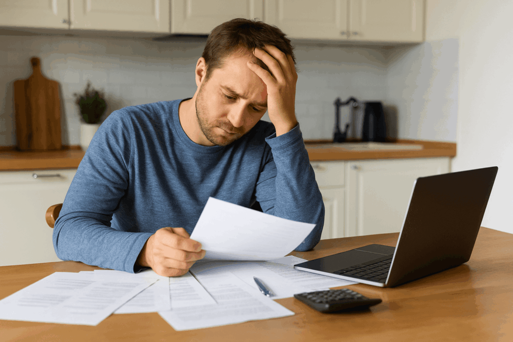 Stressed homeowner in  reviewing foreclosure notices and bills at the kitchen table