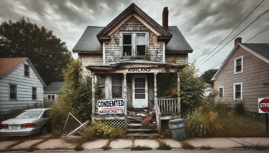 Condemned house in Ashland, MA, with broken windows and a posted notice.