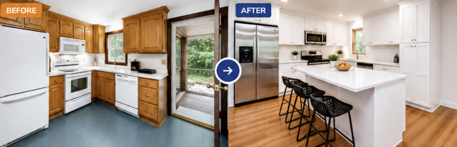 Before and after kitchen renovation project in Ashland MA