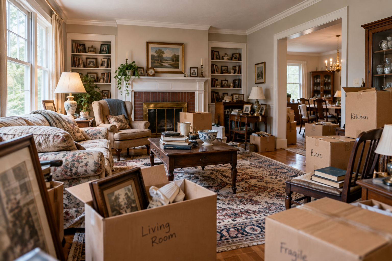 Living room with furniture, boxes, and household belongings