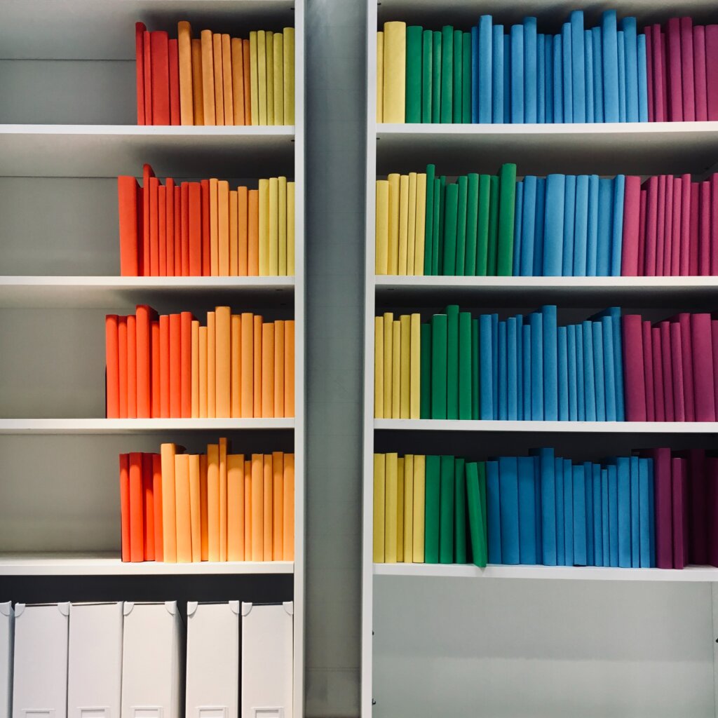 shelf showing different colored categories
