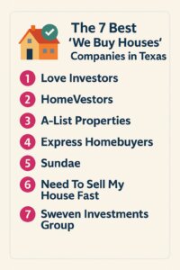 List of the 7 best ‘We Buy Houses’ companies in Texas including Love Investors, HomeVestors, and A-List Properties ranked from 1 to 7.
