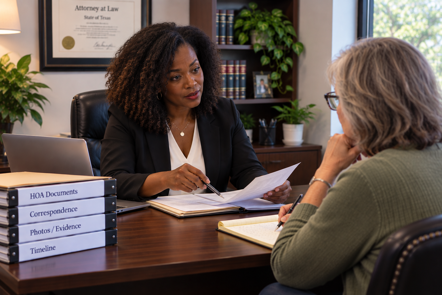 How To Hire An HOA Attorney In Texas Texas HOA attorney reviewing documents with a homeowner after being hired