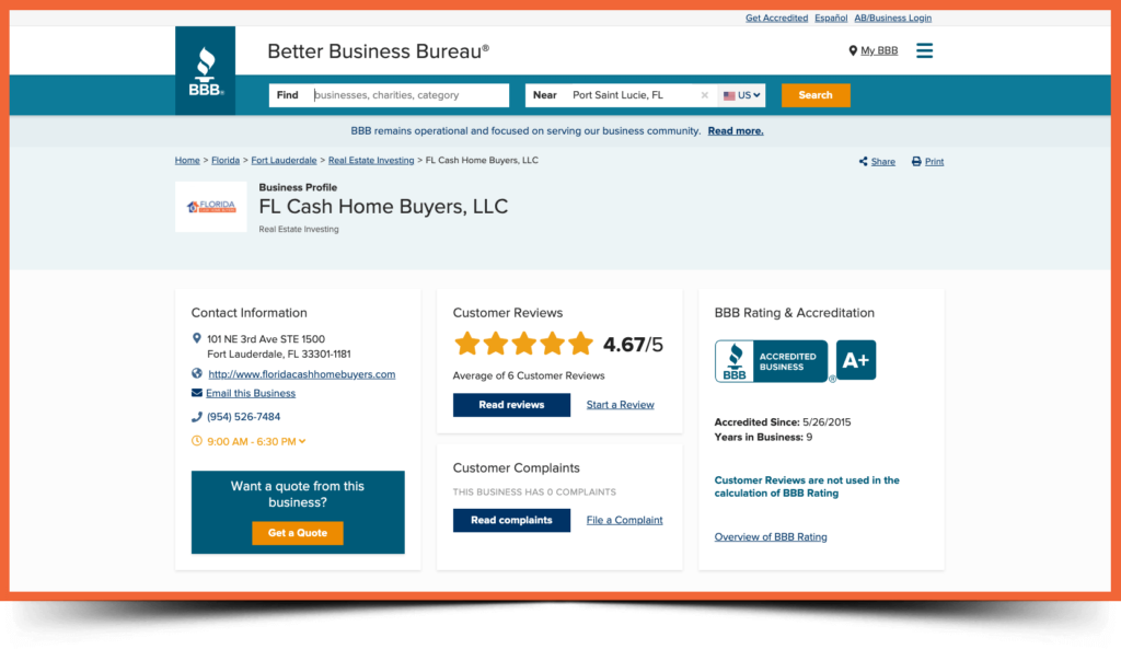 florida cash home buyers bbb page screenshot