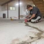 man fixing crack in basement floor
