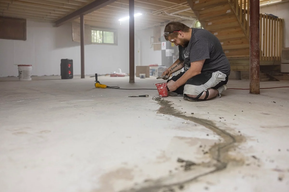 man fixing crack in basement floor