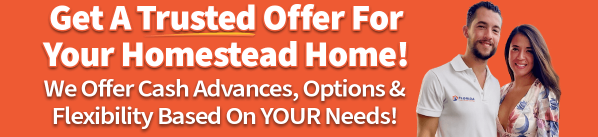 A picture of owners saying that you can sell your house in Homestead quickly with a trusted cash offer