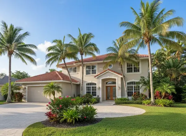 Modern Florida home exterior with palm trees and landscaped yard