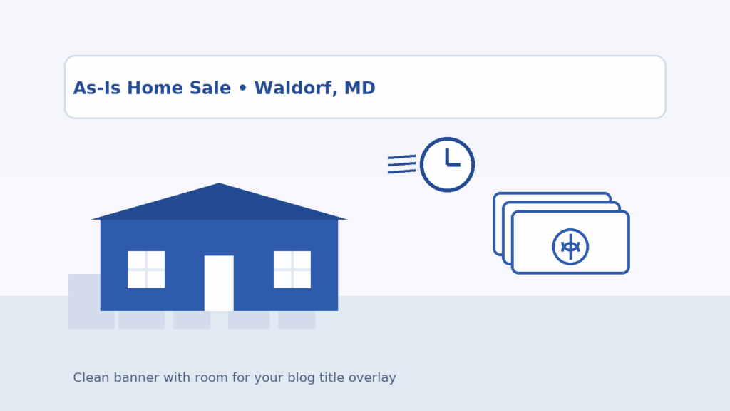 Clean blog banner with house silhouette, cash and clock icons, and ‘As-Is Home Sale • Waldorf, MD