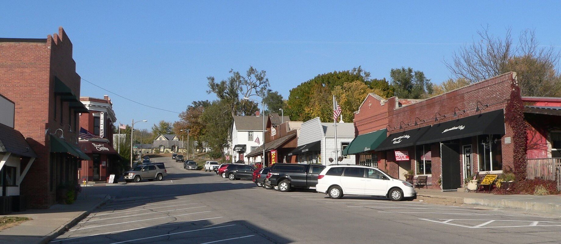 Businesses on a street in downtown Elhorn, Nebraska.