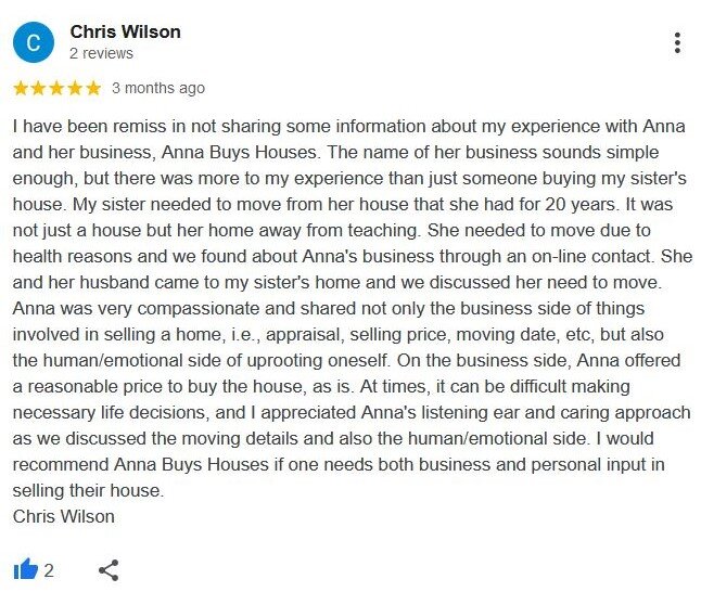 5 star Google review from Chris Wilson, an Anna Buys Houses client.