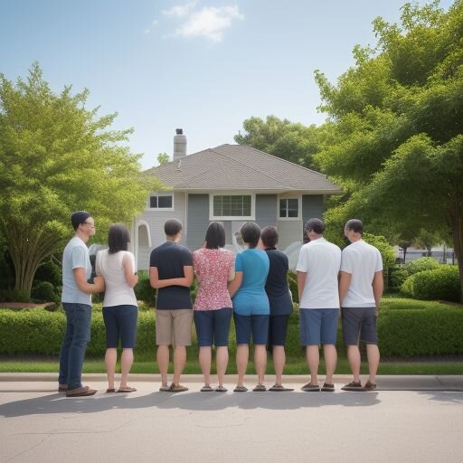 A diverse group of smiling homebuyers standing in front of a sold sign, celebrating their purchase. They are surrounded by a warm and welcoming neighborhood with lush green trees and friendly neighbors, symbolizing the positive outcome of navigating the shift in the real estate market.
