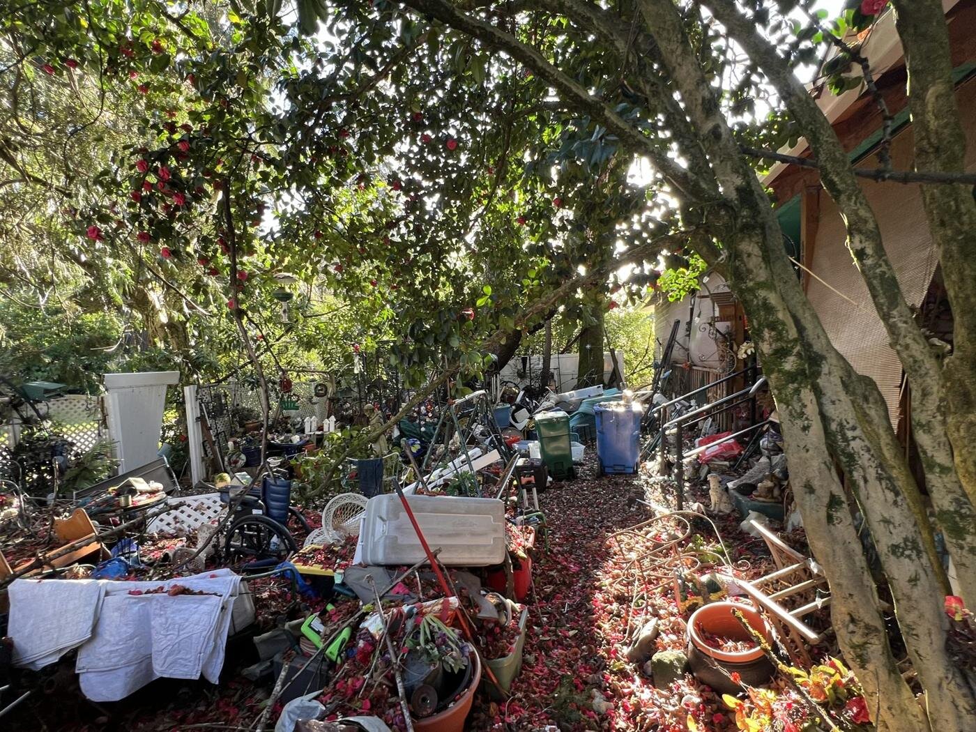 Narrow path through the front yard with belongings on both sides