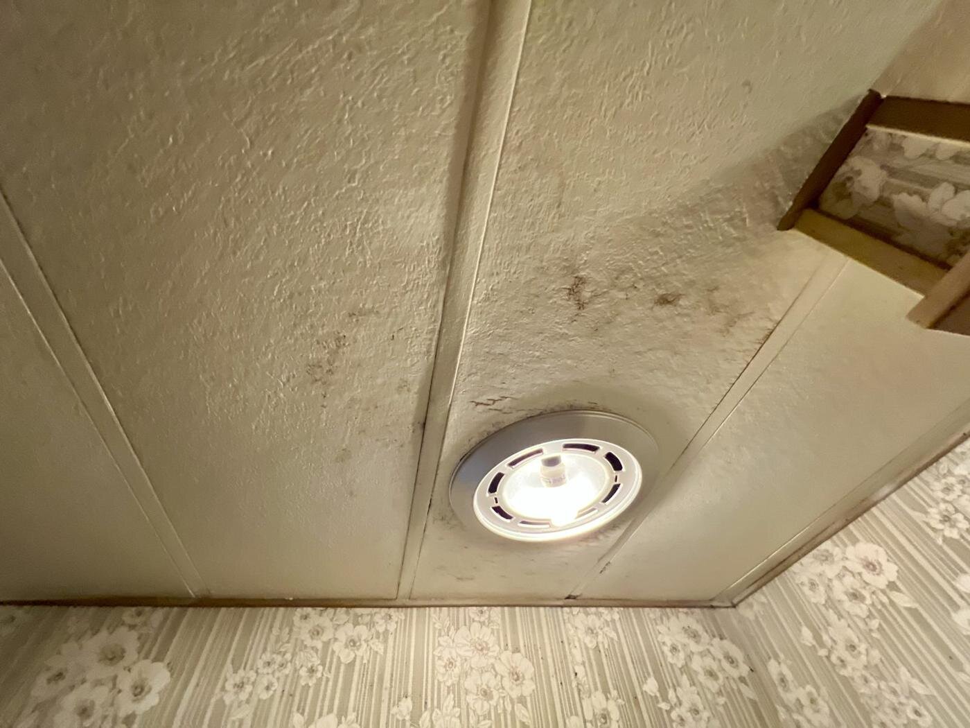 Bathroom ceiling with a water stain around the vent light