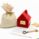 A red house, a bag of gold, a key, and a document.