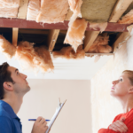 An inspector evaluates the extent of code violations in a home's damaged ceiling, highlighting the need for repairs and compliance with building regulations.