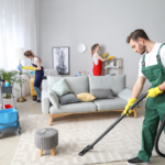 A dedicated team of professional cleaners works efficiently to transform a cluttered living room into a clean and organized space. Equipped with the necessary tools and wearing protective gloves, they handle various tasks, including vacuuming, dusting, and organizing. This image highlights the effectiveness and thoroughness of professional hoarding cleanup services in restoring order and cleanliness to homes.