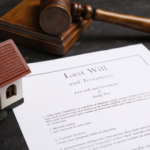 An image showcasing a "Last Will and Testament" with a gavel and house model, symbolizing the legal process of estate planning and securing assets.