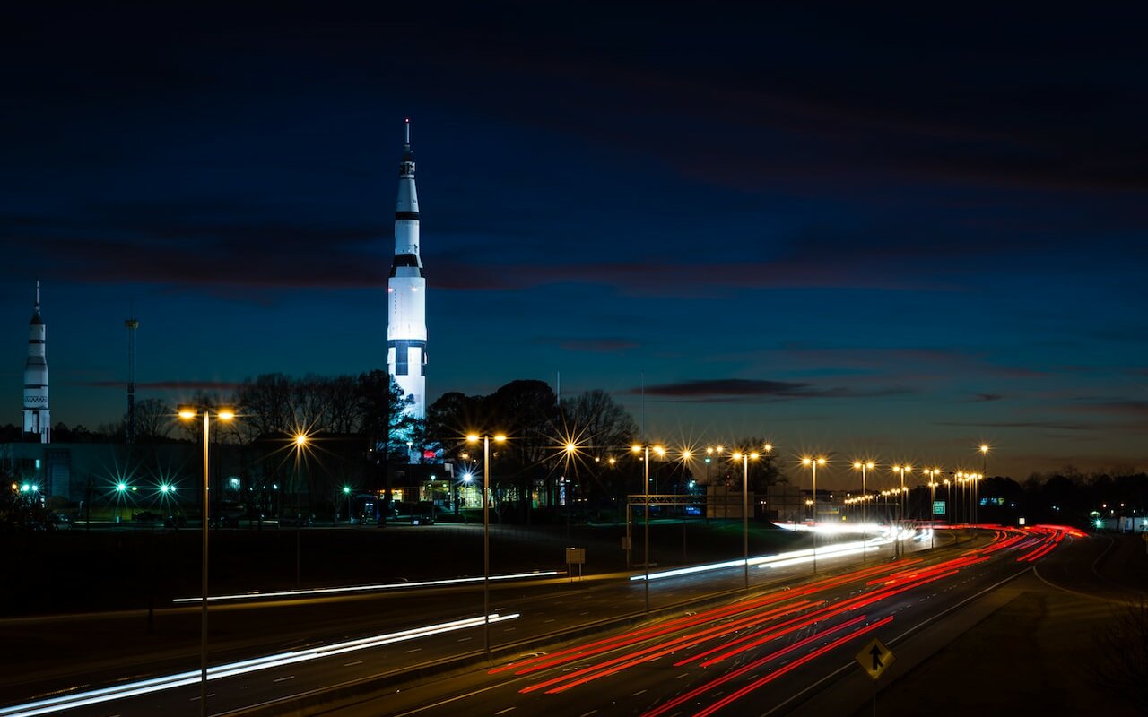 Huntsville City at night with Marshall Space Flight Center visible in the background