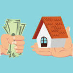 infographic illustration of man holding a house while another is giving out cash on a blue background