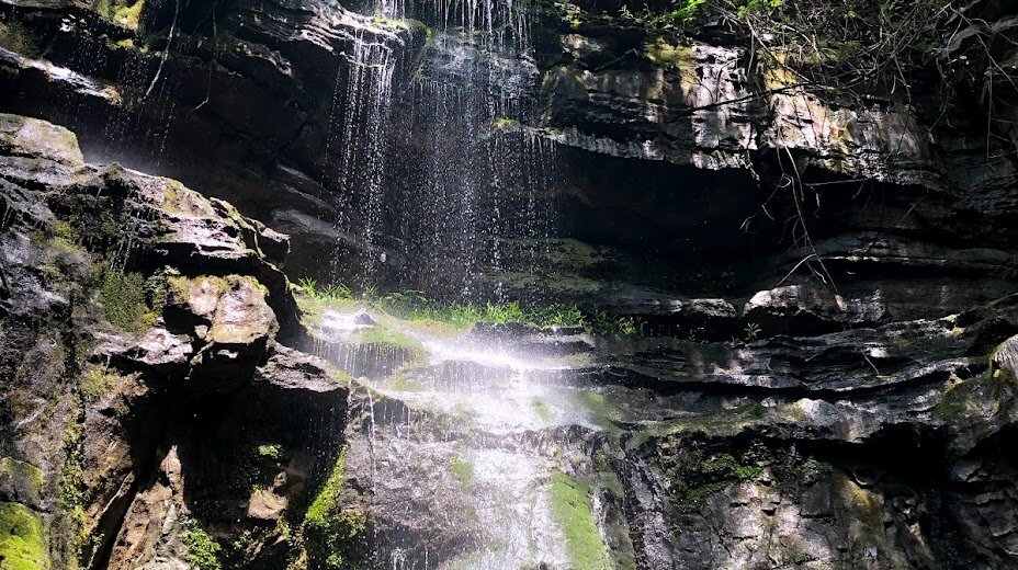 small waterfall with surrounding rocks containing algae at keel mountain preserve . We Buy Houses in Owens Cross Roads Alabama