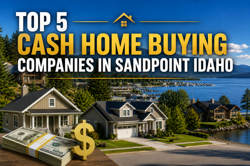 Top 5 cash home buyers in Sandpoint, Idaho featuring local homes, Lake Pend Oreille, and mountain views.