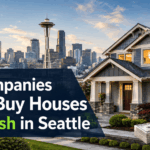 Seattle, washington home with city skyline and cash stack, featured image for a blog about 7 companies that buy houses for cash in Seattle.