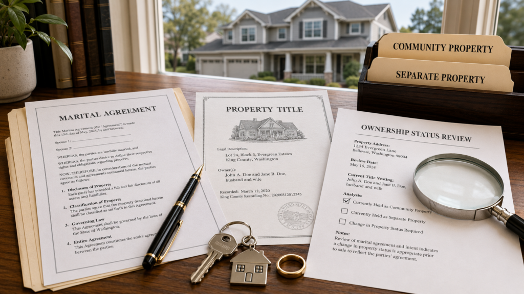 Marital agreement, property title, and ownership review documents showing a home’s possible change between community and separate property.
