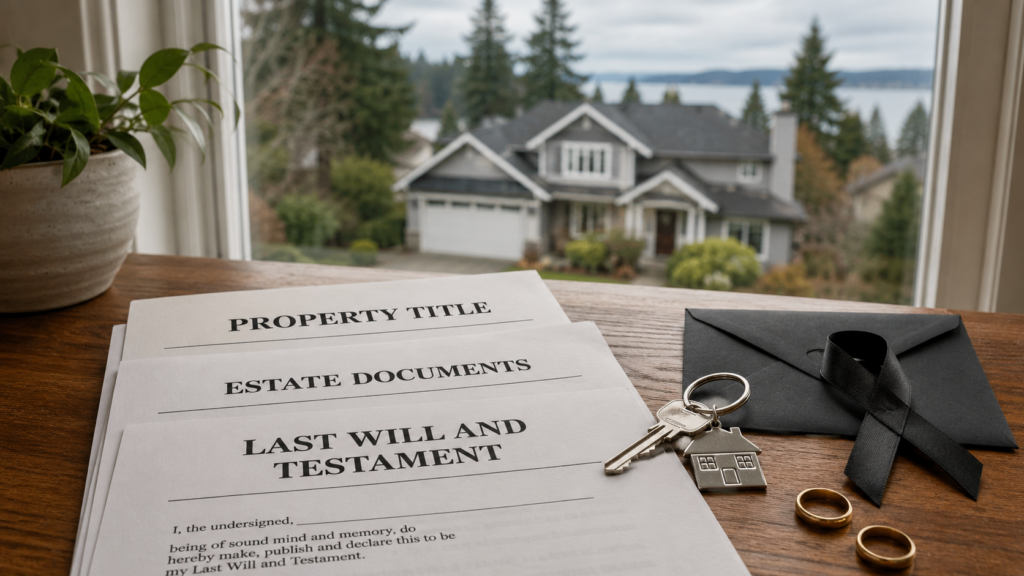 Estate documents, a property title, house keys, wedding rings, and a black mourning ribbon representing property authority after a spouse’s death.