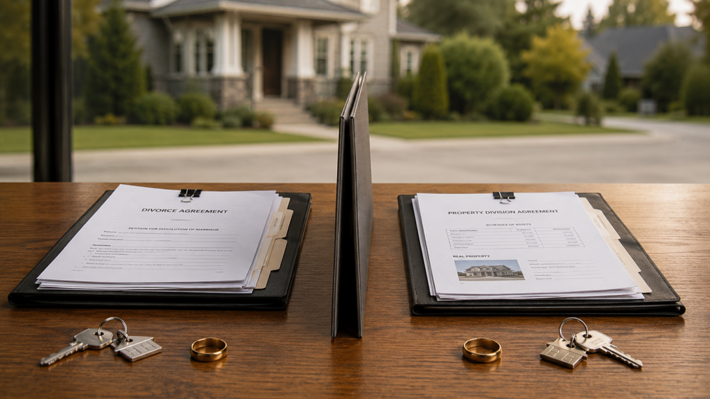 Divorce and property division documents separated by a divider, with house keys and wedding rings representing a marital home sale.
