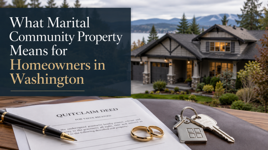 Washington home with a quitclaim deed, house keys, and wedding rings illustrating marital community property for homeowners.