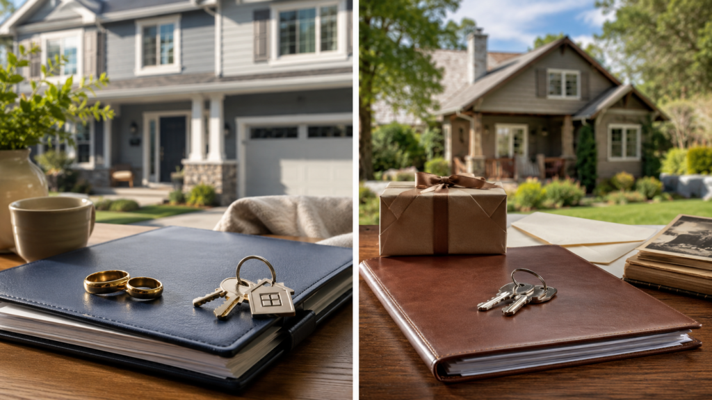 Side-by-side homes showing shared marital property with wedding rings and keys, and separate property represented by a gift and individual ownership documents.